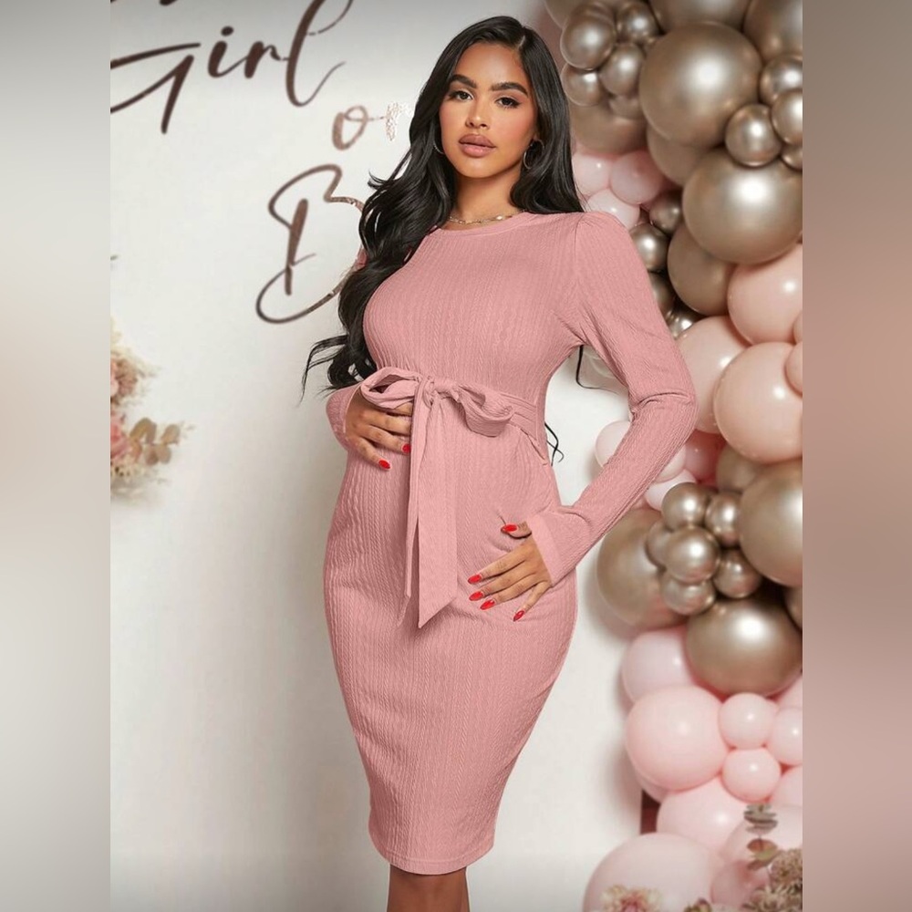 Pink Long Sleeve Maternity Dress
